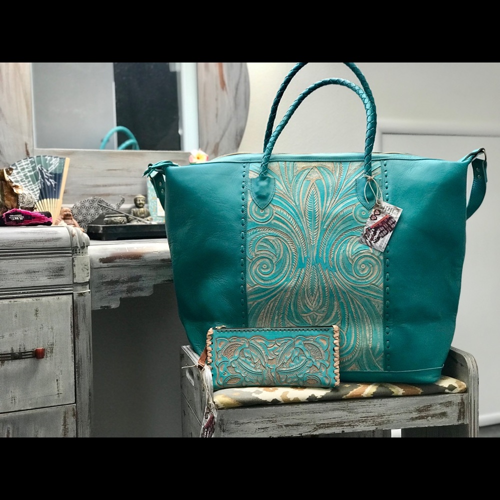 BNWT Tooled Leather Weekender & Clutch Set